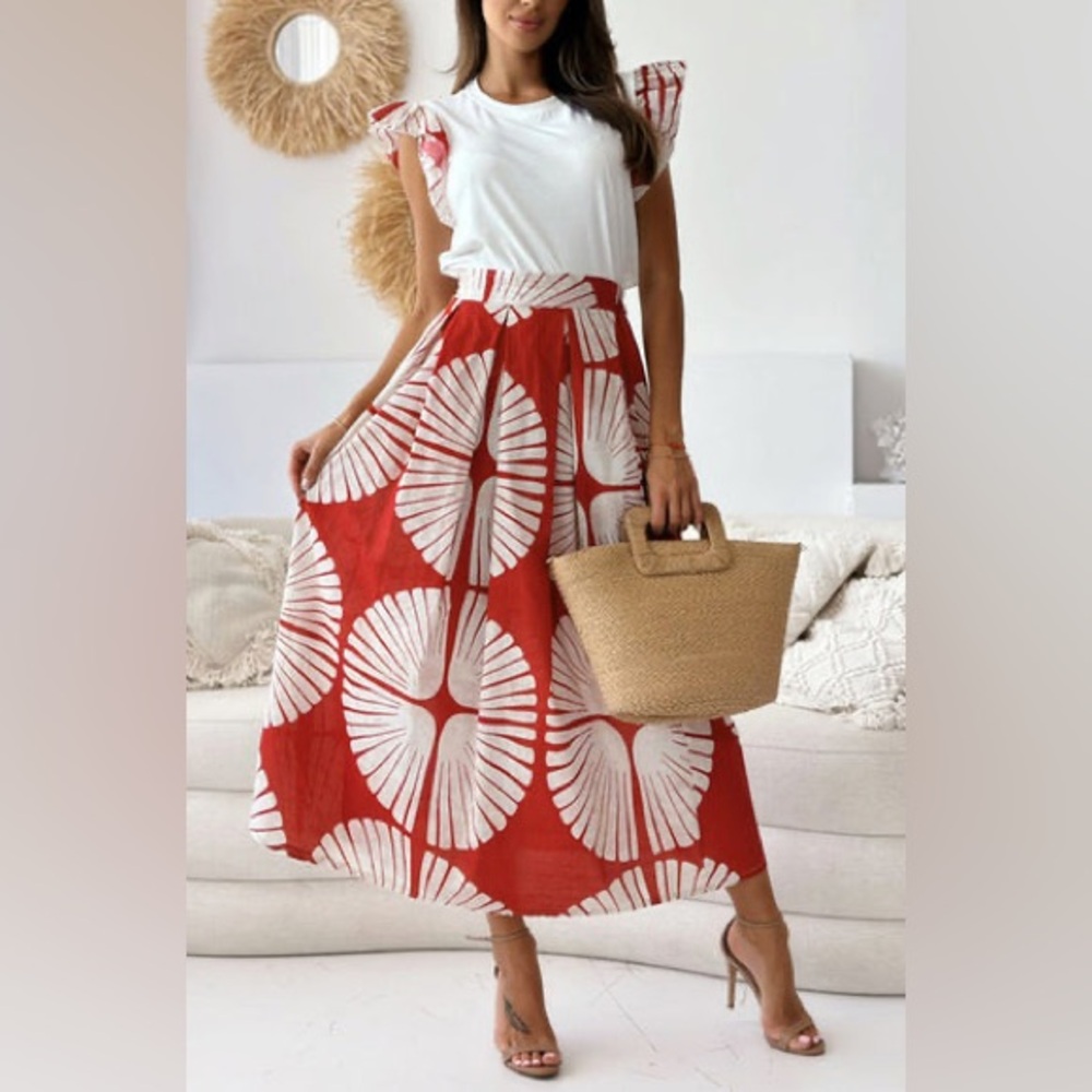 LINA PATTERNED FRILL TWO PIECE CO-ORD SET-RED